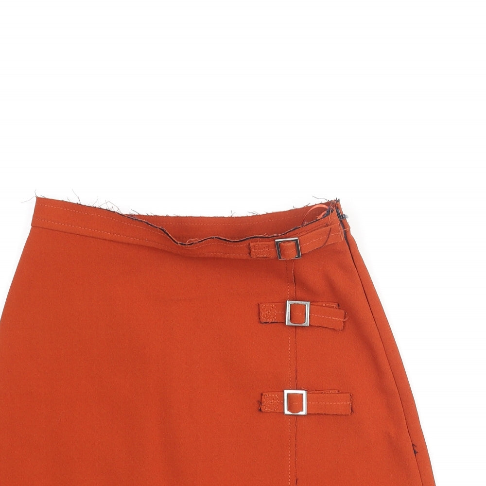 Topshop Womens Orange Polyester A-Line Skirt Size 6 Zip - Raw Finishings Buckle Detail