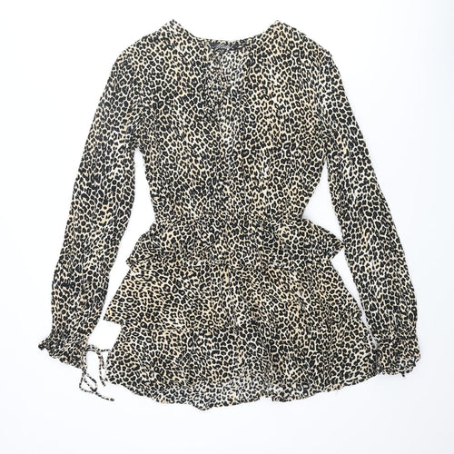 Motel Womens Beige Animal Print Viscose Skater Dress Size M V-Neck Tie - Leopard Print Frill