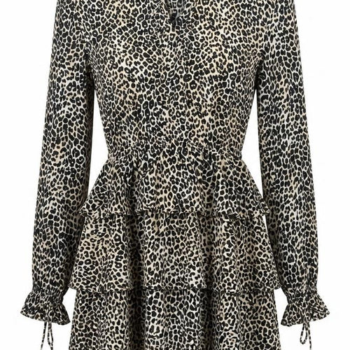 Motel Womens Beige Animal Print Viscose Skater Dress Size M V-Neck Tie - Leopard Print Frill
