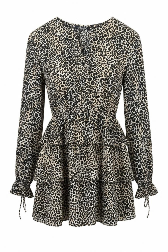 Motel Womens Beige Animal Print Viscose Skater Dress Size M V-Neck Tie - Leopard Print Frill