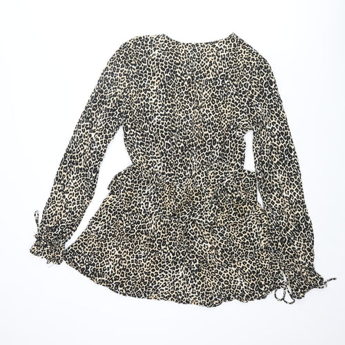 Motel Womens Beige Animal Print Viscose Skater Dress Size M V-Neck Tie - Leopard Print Frill