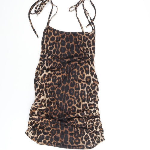PRETTYLITTLETHING Womens Brown Animal Print Polyester Mini Size 8 Scoop Neck Pullover - Leopard Print Rouched