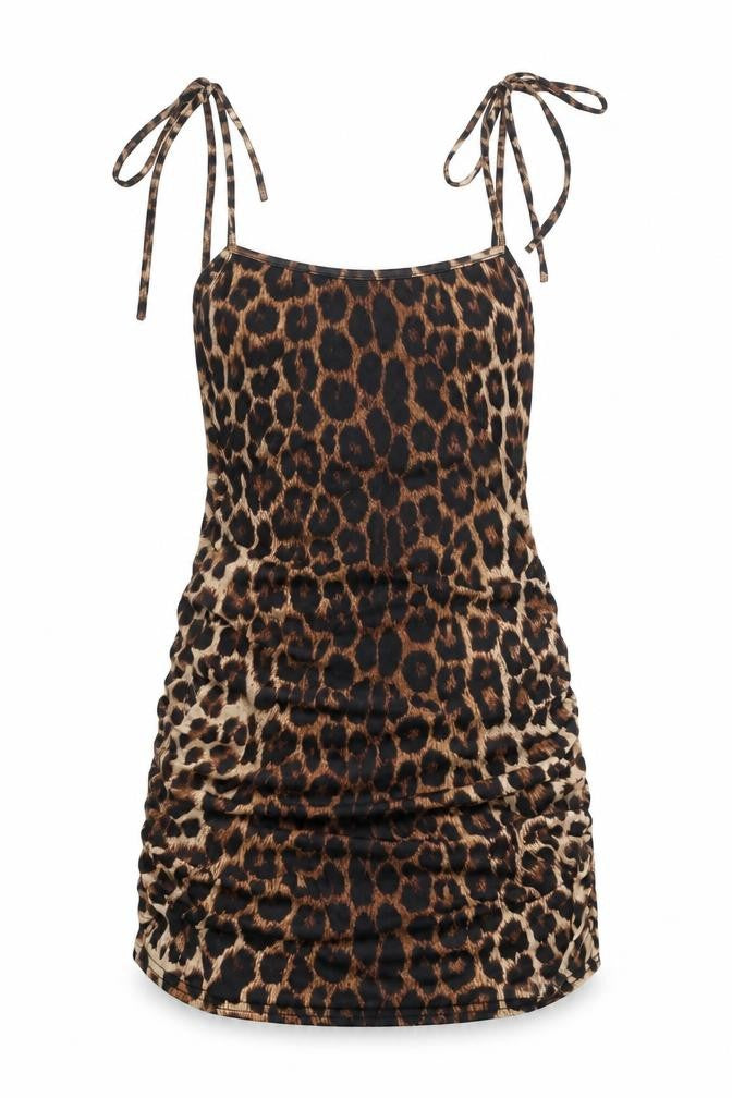 Front view of PRETTYLITTLETHING women’s brown animal print polyester mini, scoop neck pullover - leopard print rouched