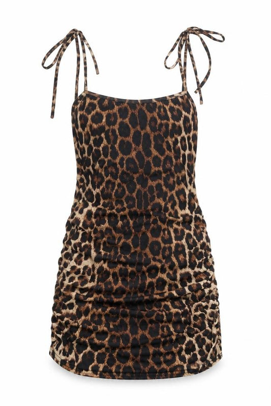 Front view of PRETTYLITTLETHING women’s brown animal print polyester mini, scoop neck pullover - leopard print rouched