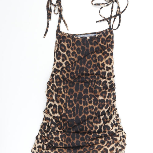 PRETTYLITTLETHING Womens Brown Animal Print Polyester Mini Size 8 Scoop Neck Pullover - Leopard Print Rouched