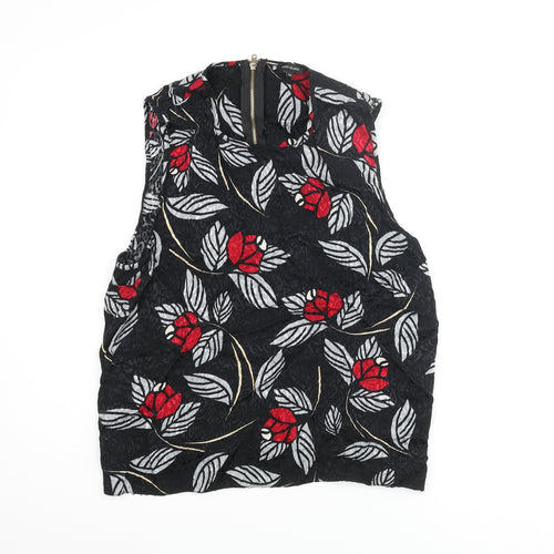 River Island Womens Black Geometric Viscose Camisole Blouse Size 16 Round Neck - Leaf Print Back Cut Out