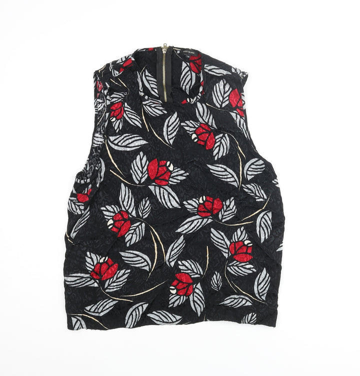 River Island Womens Black Geometric Viscose Camisole Blouse Size 16 Round Neck - Leaf Print Back Cut Out