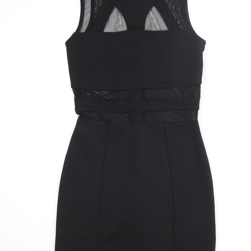 Topshop Womens Black Polyester Bodycon Size 8 Round Neck Zip - Mesh Detail
