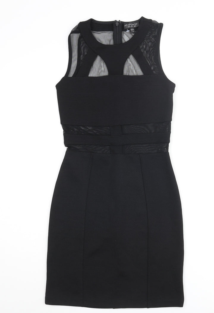 Topshop Womens Black Polyester Bodycon Size 8 Round Neck Zip - Mesh Detail