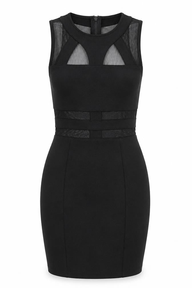 Topshop Womens Black Polyester Bodycon Size 8 Round Neck Zip - Mesh Detail