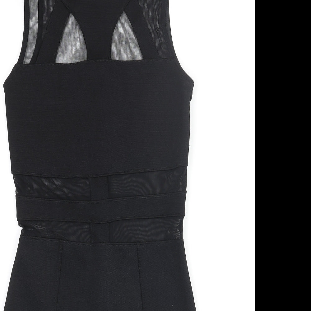 Topshop Womens Black Polyester Bodycon Size 8 Round Neck Zip - Mesh Detail
