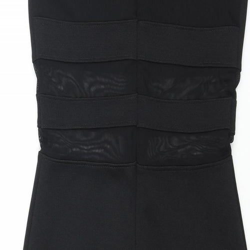 Topshop Womens Black Polyester Bodycon Size 8 Round Neck Zip - Mesh Detail