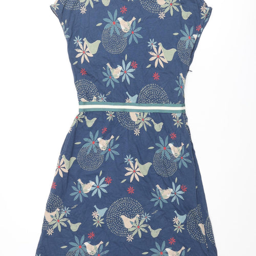 Brakeburn Womens Blue Geometric Cotton Shift Size 8 Round Neck Button - Floral Bird Print