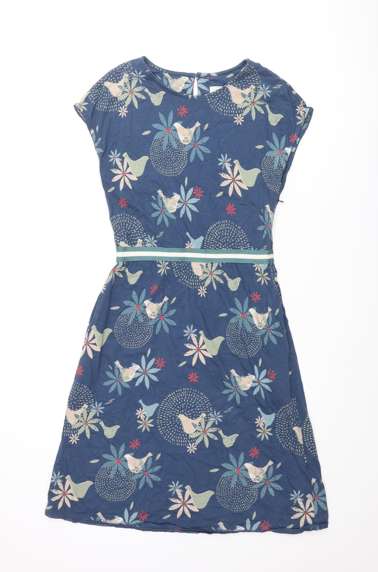 Brakeburn Womens Blue Geometric Cotton Shift Size 8 Round Neck Button - Floral Bird Print