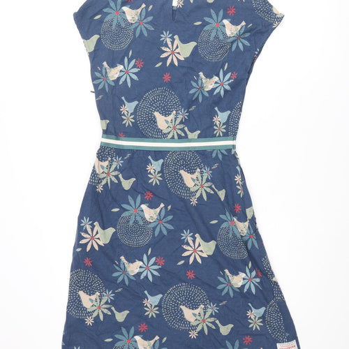 Brakeburn Womens Blue Geometric Cotton Shift Size 8 Round Neck Button - Floral Bird Print