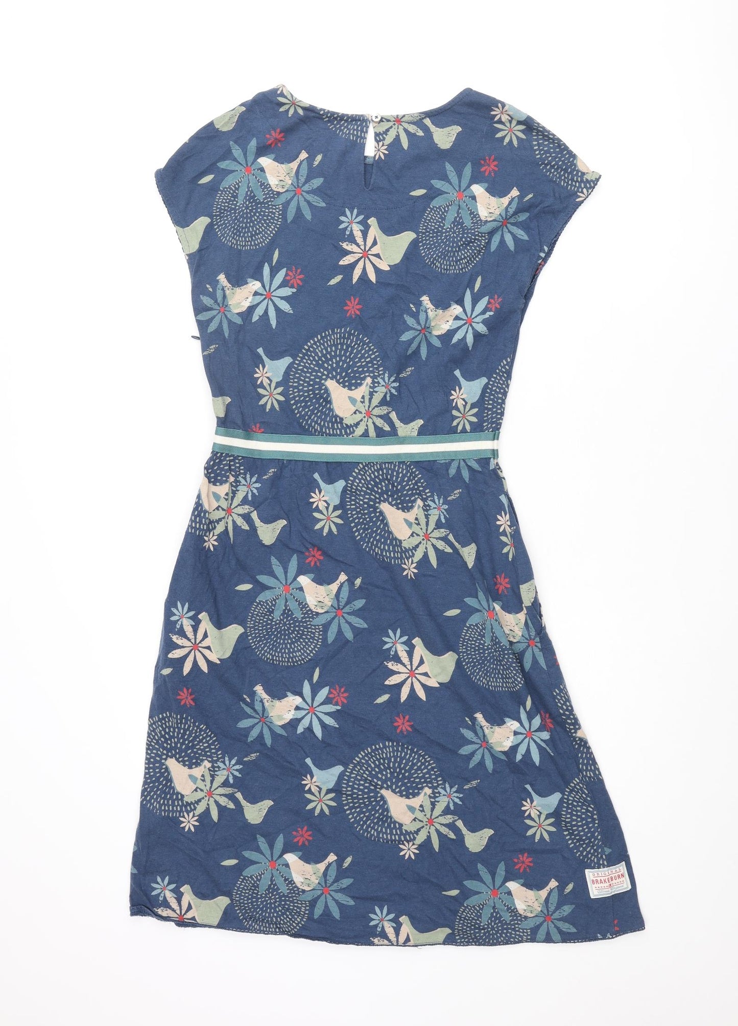 Brakeburn Womens Blue Geometric Cotton Shift Size 8 Round Neck Button - Floral Bird Print