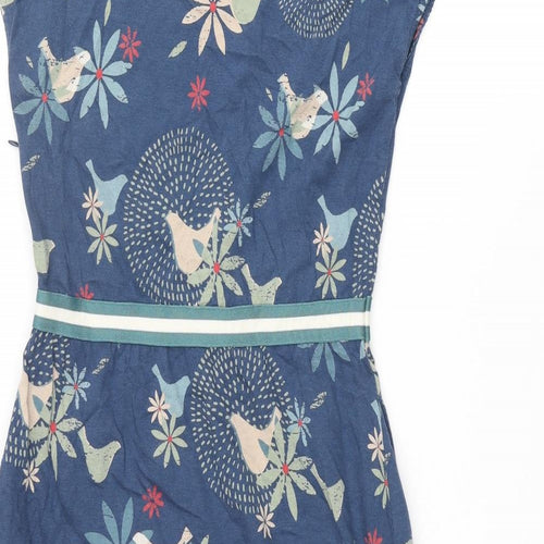 Brakeburn Womens Blue Geometric Cotton Shift Size 8 Round Neck Button - Floral Bird Print