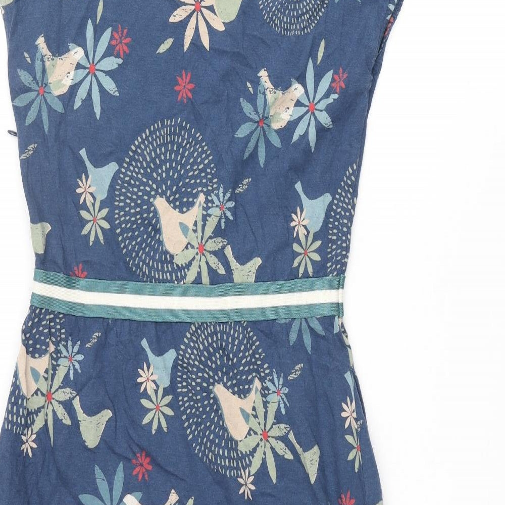 Brakeburn Womens Blue Geometric Cotton Shift Size 8 Round Neck Button - Floral Bird Print