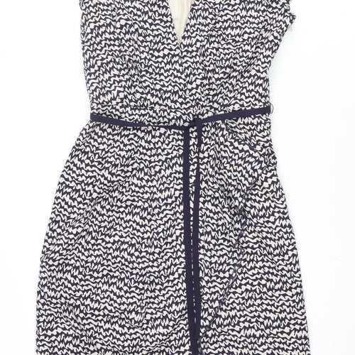 Great Plains London Womens Blue Geometric Polyester Shift Size S V-Neck Zip - Frill Belted