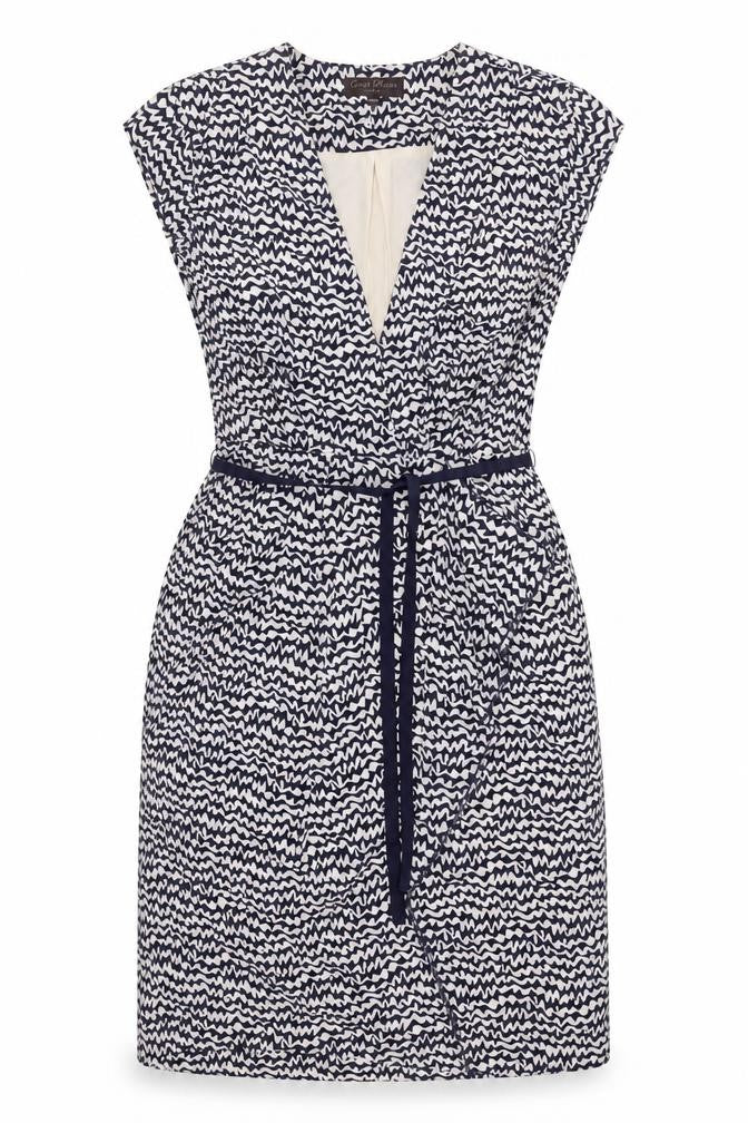 Great Plains London Womens Blue Geometric Polyester Shift Size S V-Neck Zip - Frill Belted
