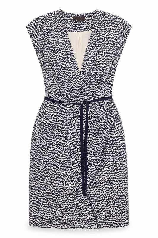 Front view of Great Plains London women’s blue geometric polyester shift, size S, v-neck zip - frill belted