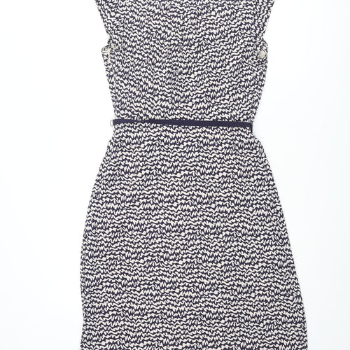 Great Plains London Womens Blue Geometric Polyester Shift Size S V-Neck Zip - Frill Belted