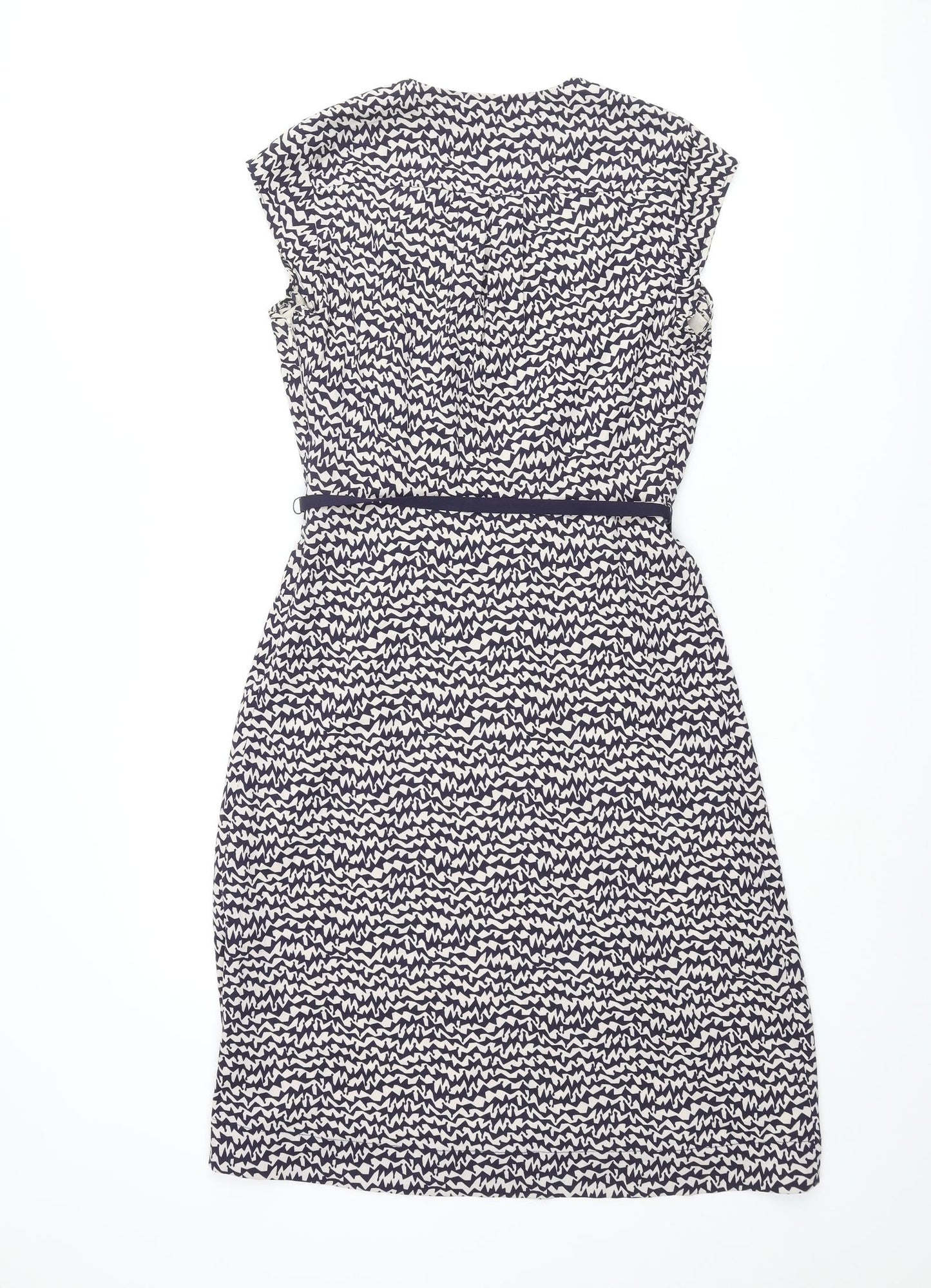 Great Plains London Womens Blue Geometric Polyester Shift Size S V-Neck Zip - Frill Belted