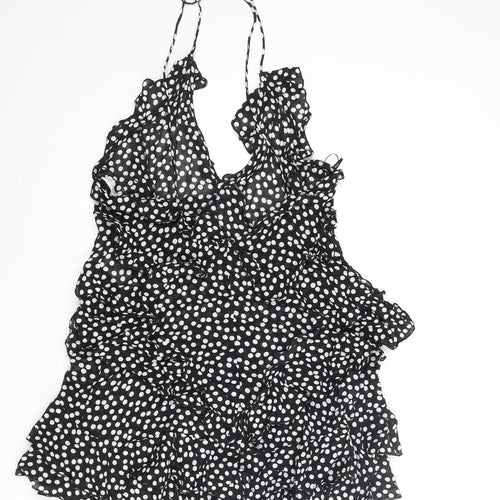 Zara Womens Black Polka Dot Polyester Mini Size S V-Neck Pullover - Frill