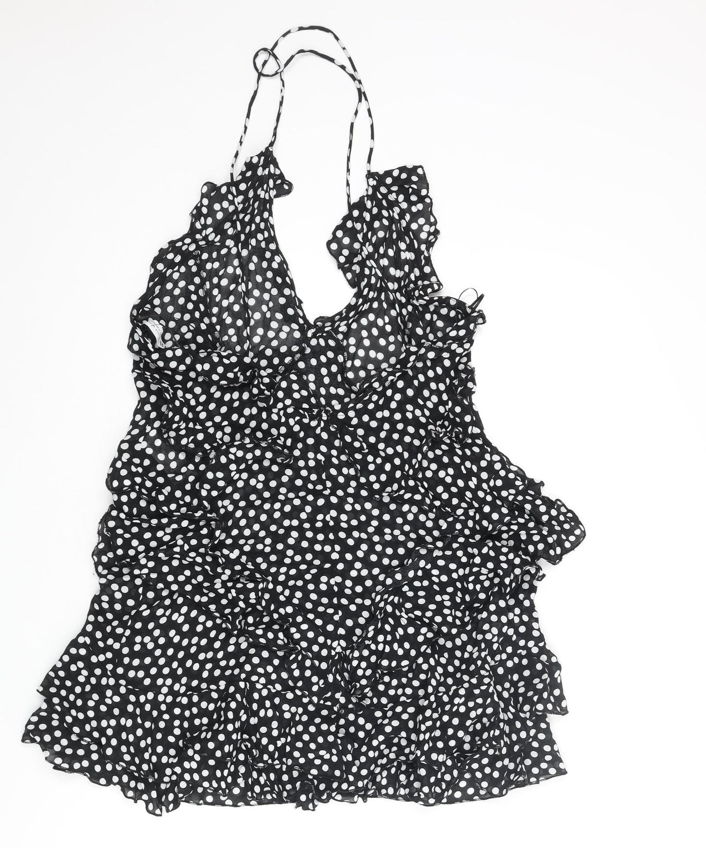 Zara Womens Black Polka Dot Polyester Mini Size S V-Neck Pullover - Frill