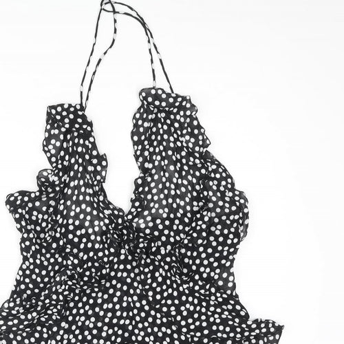 Zara Womens Black Polka Dot Polyester Mini Size S V-Neck Pullover - Frill