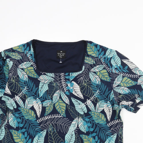 TIGI Womens Blue Geometric Polyester Basic Blouse Size 14 Square Neck - Leaf Print Size 14-16