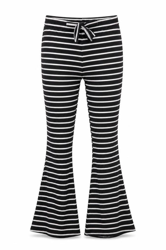 Front view of PRETTYLITTLETHING women’s black striped polyester trousers, size UK 8, 30-inch leg regular
