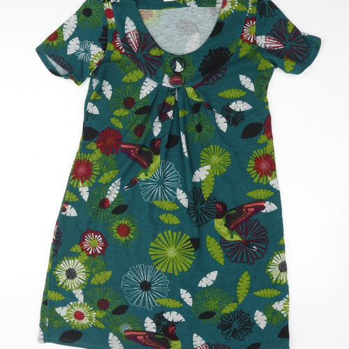 Purplish Womens Multicoloured Geometric Polyester A-Line Size M Scoop Neck Pullover - Button Detail Floral Bird Print