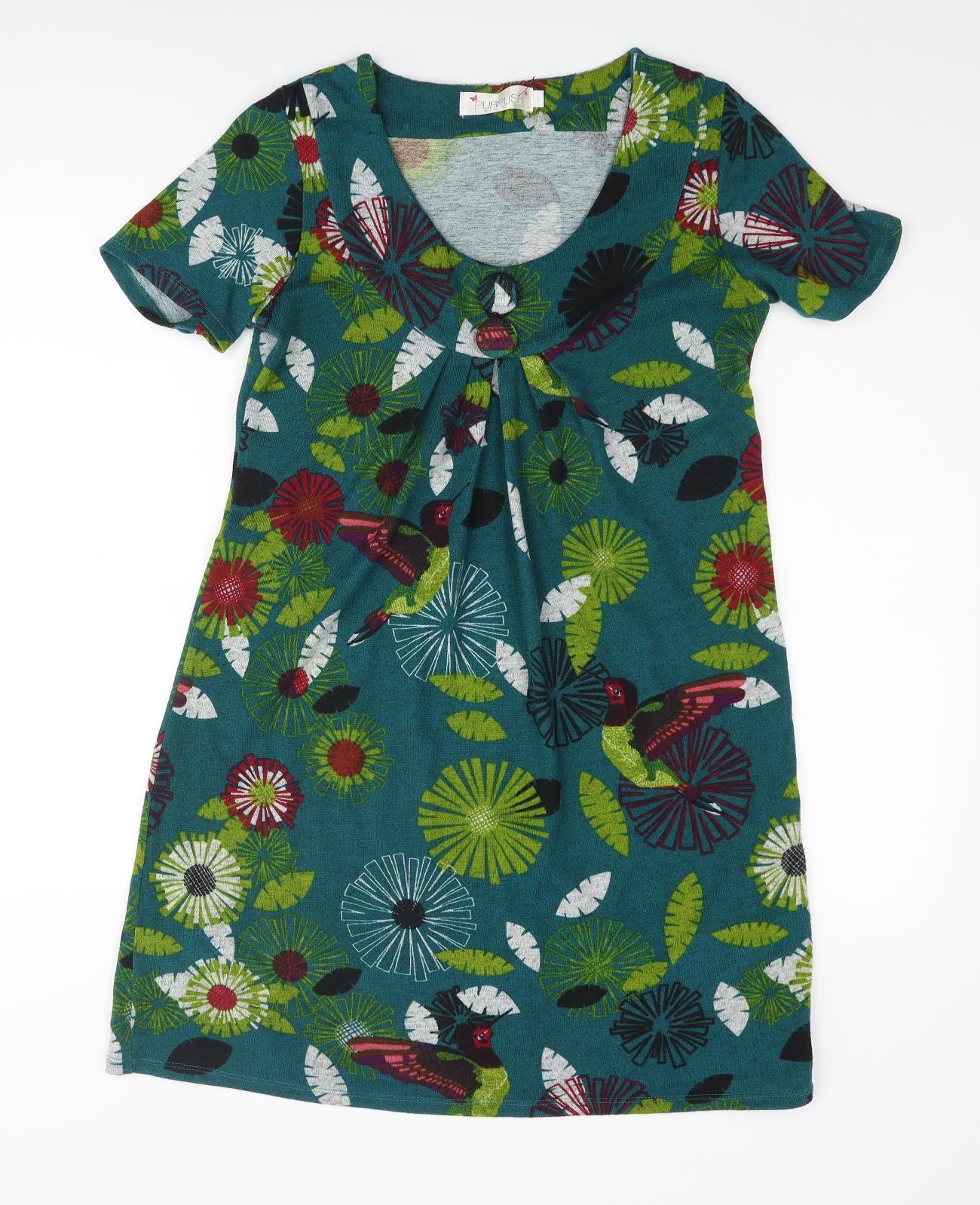 Purplish Womens Multicoloured Geometric Polyester A-Line Size M Scoop Neck Pullover - Button Detail Floral Bird Print