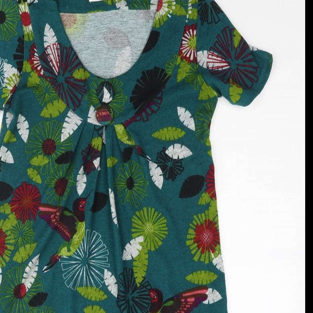 Purplish Womens Multicoloured Geometric Polyester A-Line Size M Scoop Neck Pullover - Button Detail Floral Bird Print