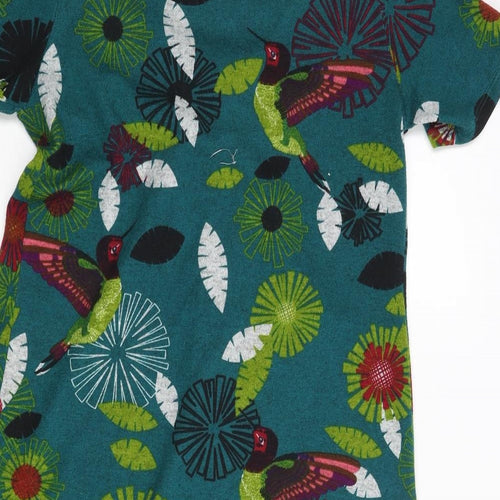 Purplish Womens Multicoloured Geometric Polyester A-Line Size M Scoop Neck Pullover - Button Detail Floral Bird Print