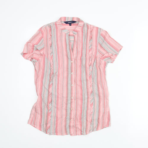 Casual Club Womens Pink Striped Cotton Basic Button-Up Size 10 V-Neck - Belted