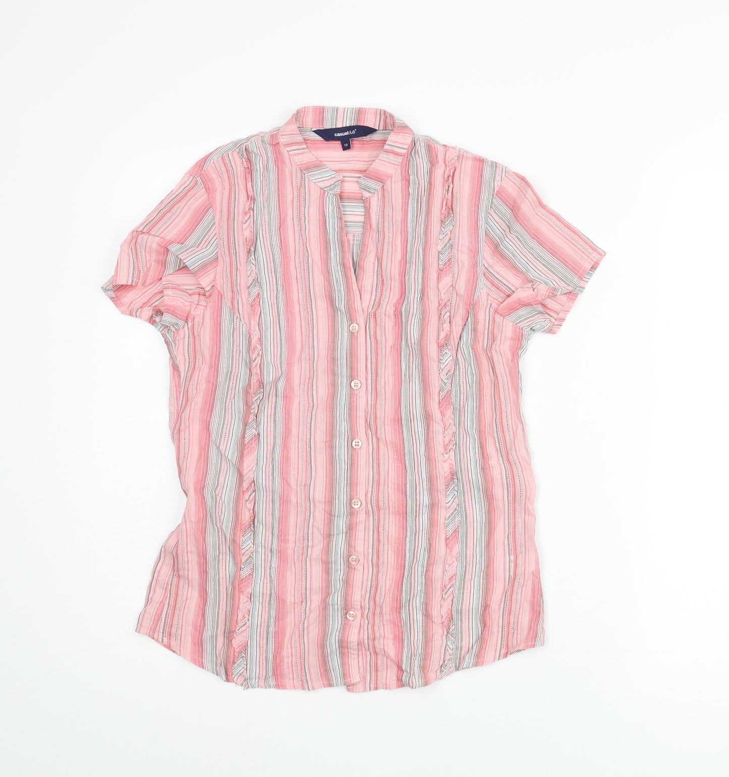 Casual Club Womens Pink Striped Cotton Basic Button-Up Size 10 V-Neck - Belted