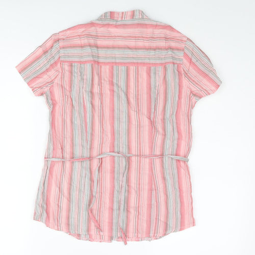 Casual Club Womens Pink Striped Cotton Basic Button-Up Size 10 V-Neck - Belted