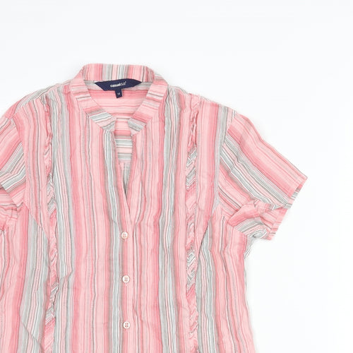 Casual Club Womens Pink Striped Cotton Basic Button-Up Size 10 V-Neck - Belted