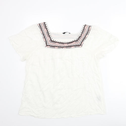 Natura Womens White Viscose Basic Blouse Size XL Square Neck - Embroidered Neckline