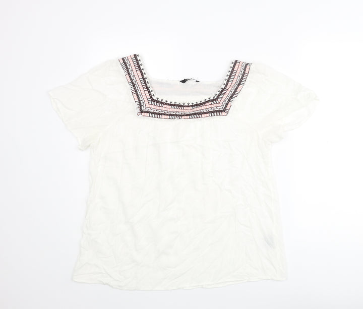 Natura Womens White Viscose Basic Blouse Size XL Square Neck - Embroidered Neckline