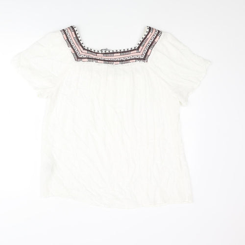 Natura Womens White Viscose Basic Blouse Size XL Square Neck - Embroidered Neckline