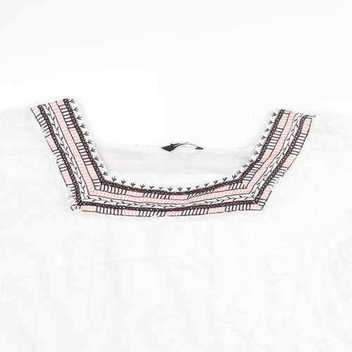Natura Womens White Viscose Basic Blouse Size XL Square Neck - Embroidered Neckline