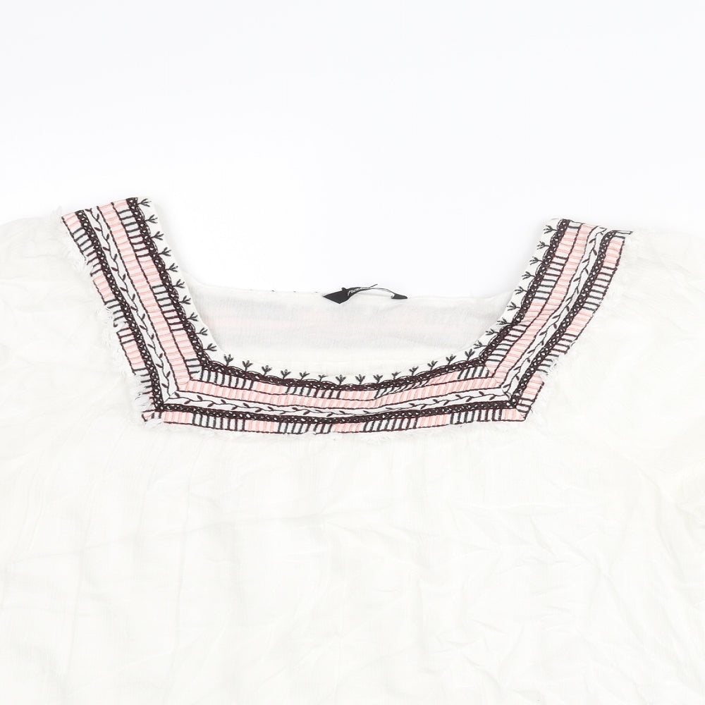 Natura Womens White Viscose Basic Blouse Size XL Square Neck - Embroidered Neckline