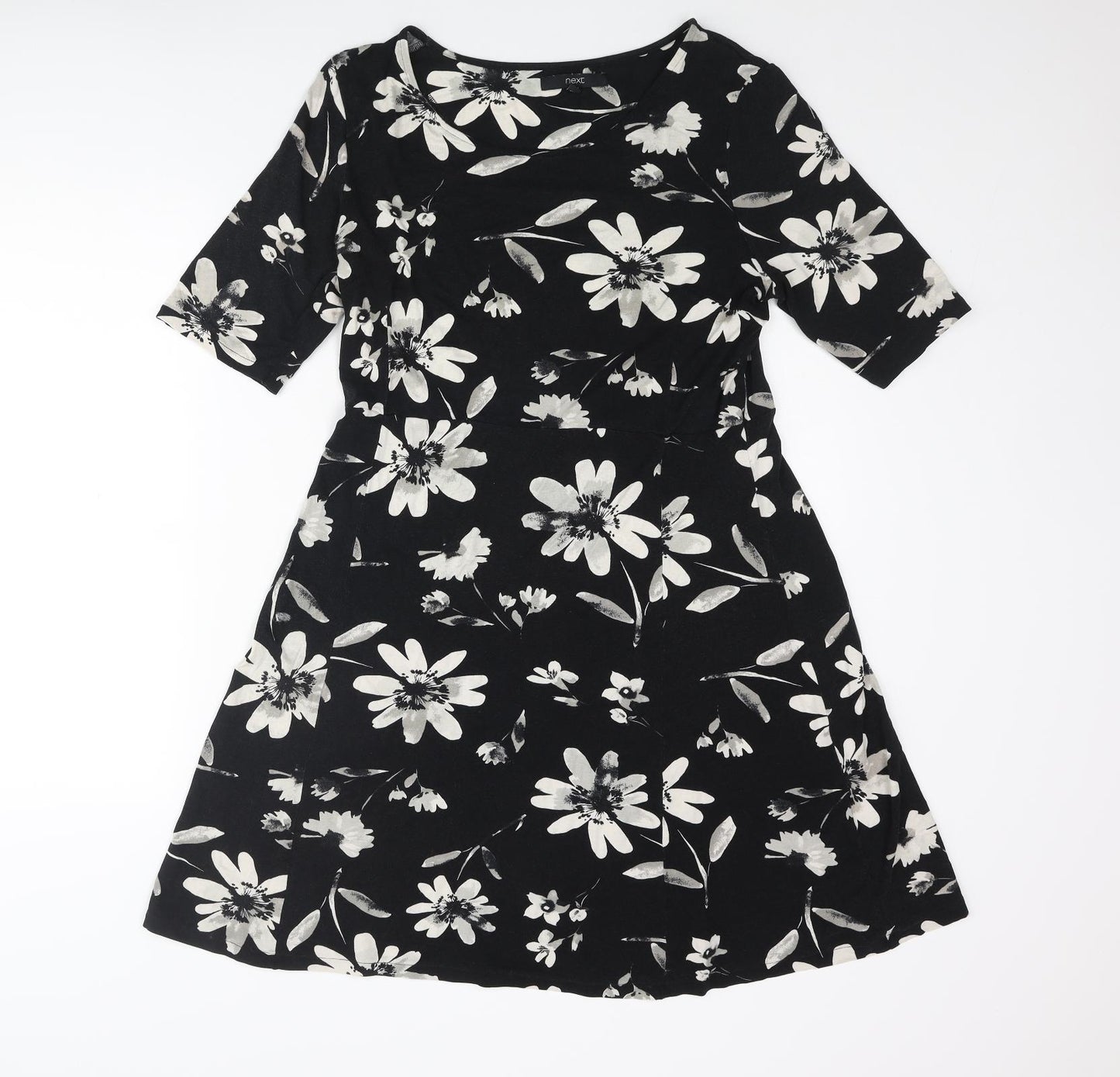 NEXT Womens Black Floral Viscose A-Line Size 14 Round Neck Pullover