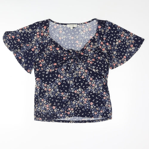 Oasis Womens Blue Floral Polyester Basic Blouse Size S V-Neck - Tie Detail