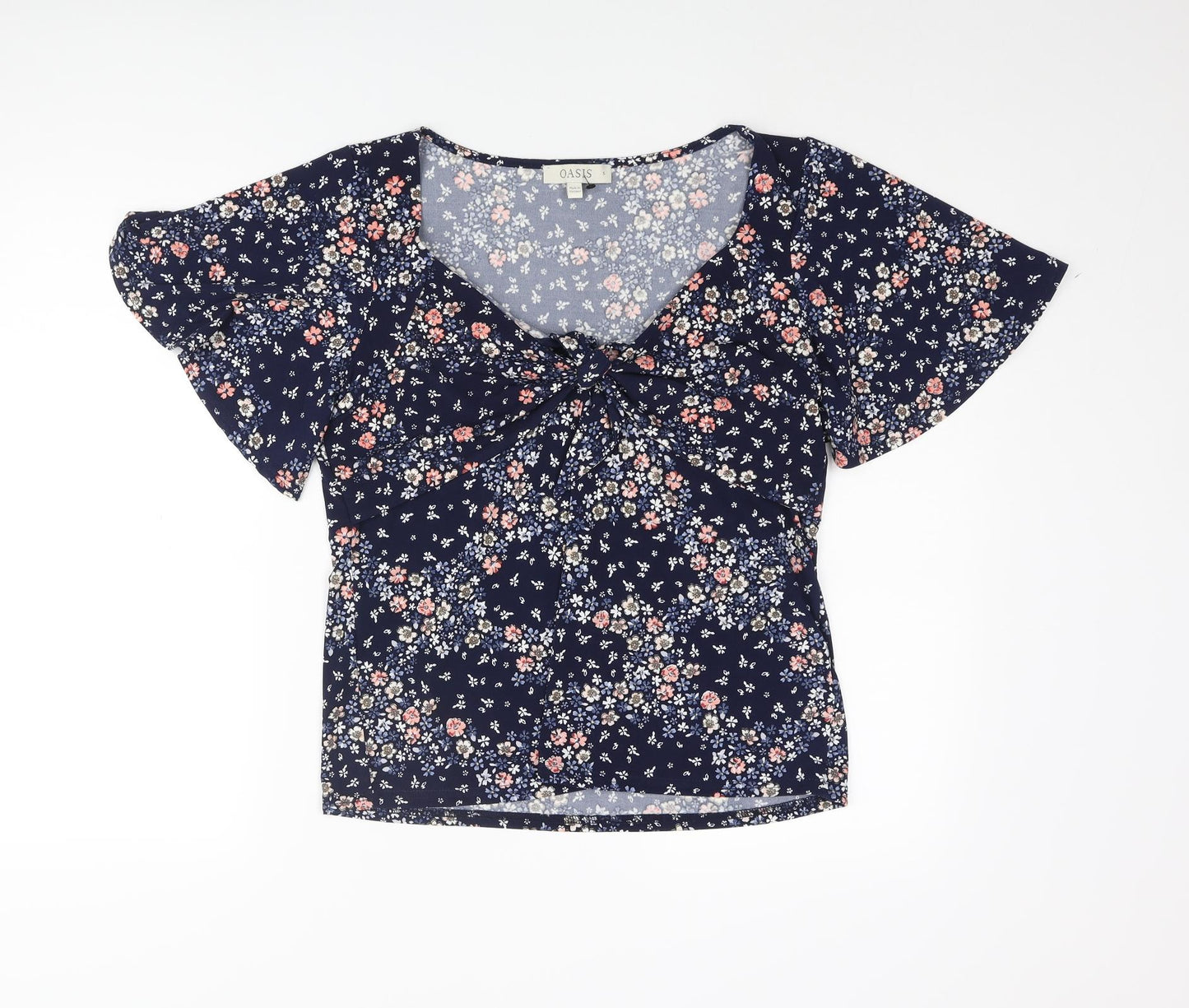 Oasis Womens Blue Floral Polyester Basic Blouse Size S V-Neck - Tie Detail