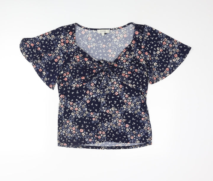 Oasis Womens Blue Floral Polyester Basic Blouse Size S V-Neck - Tie Detail
