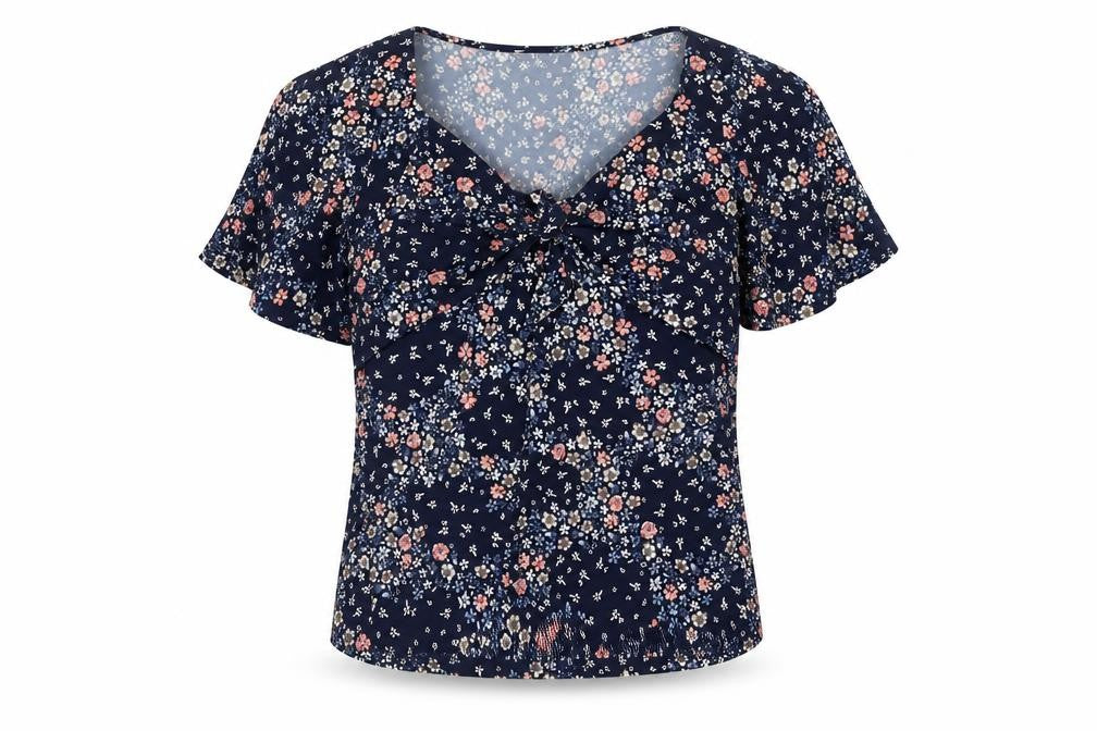Front view of Oasis women’s blue floral polyester basic blouse, size S, v-neck - tie detail